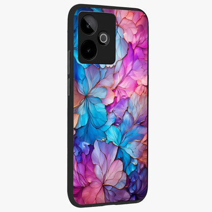 Radiant Floral Whirl Glass Case upright view showcasing lively floral artwork with decorative swirl theme.