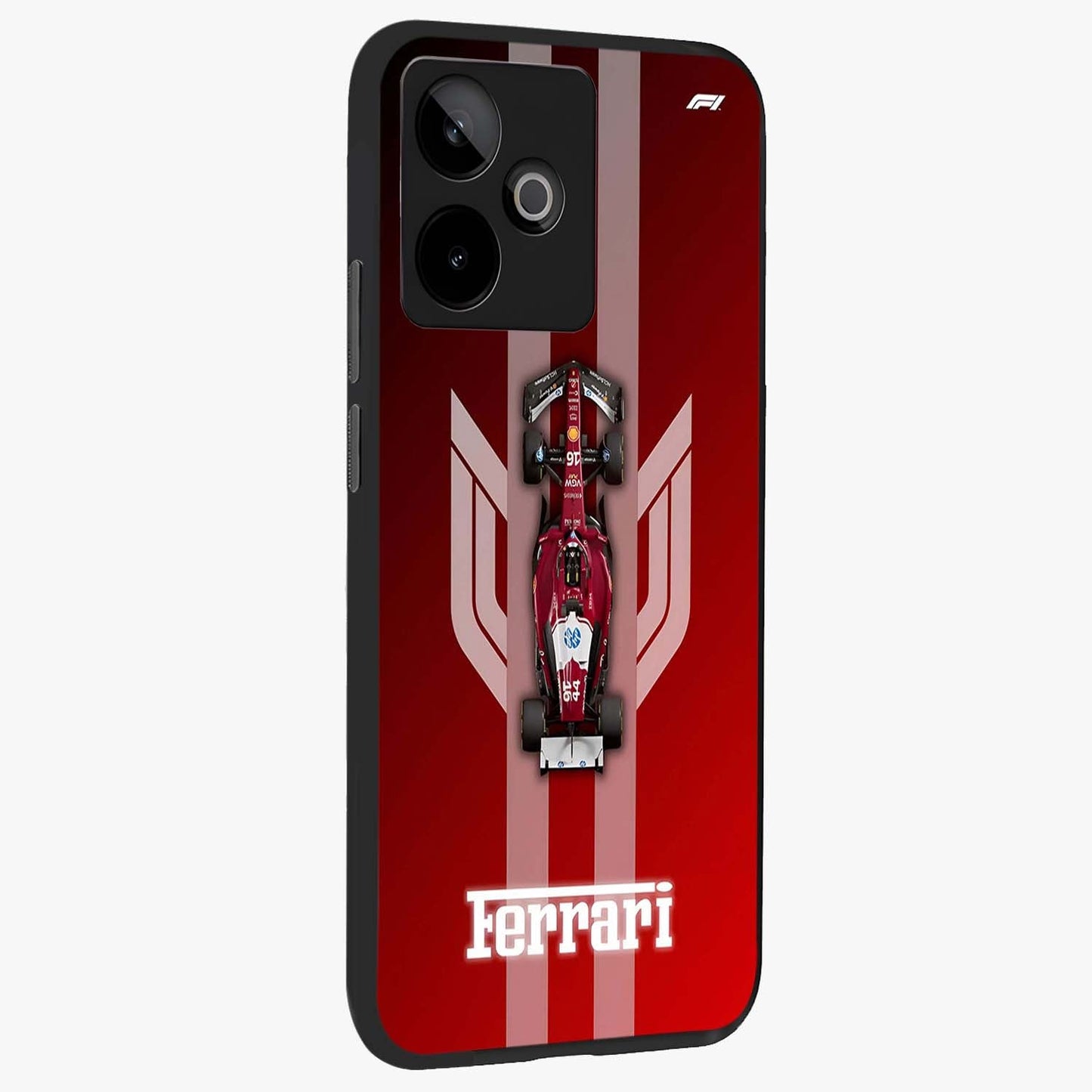 Red Ferrari F1 Vertical Glass Case upright view showcasing powerful Formula car artwork with dynamic motorsport theme.