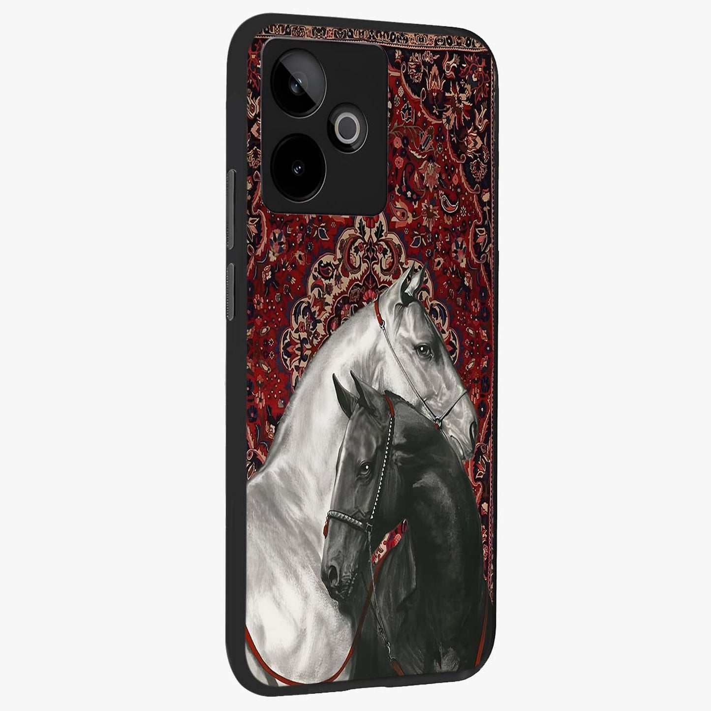 Regal Stallion Tapestry Glass Case upright view showcasing powerful horse artwork with elegant tapestry theme.