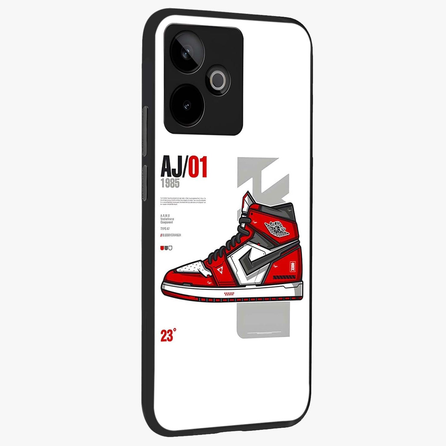 Retro Sneaker Blueprint Glass Case upright view showcasing stylish sneaker illustration with vintage streetwear theme.