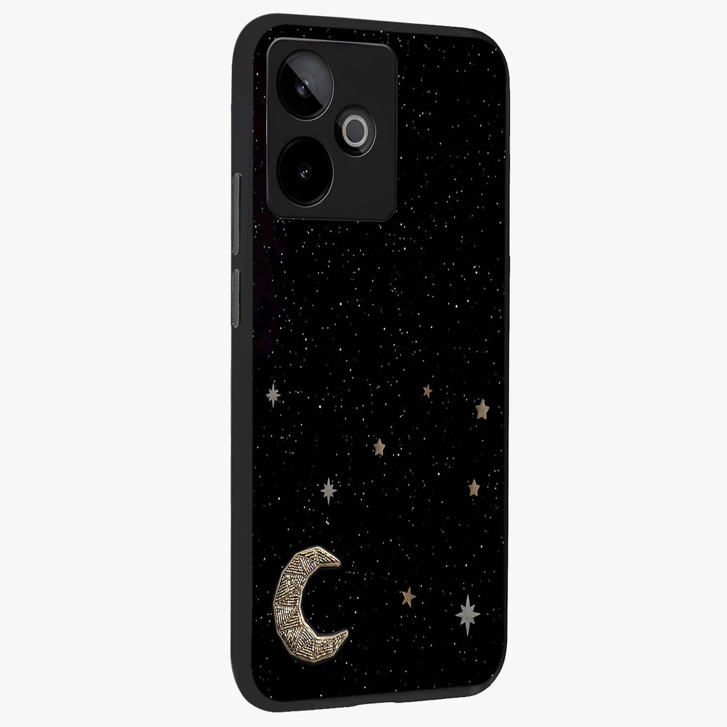 Twinkle Star With Half Moon Glass Case upright view showcasing glowing cosmic artwork with dreamy night theme.