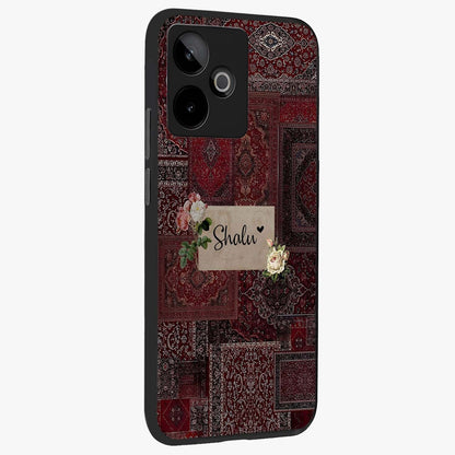 Velvet Wine Pattern Custom Name Glass Case upright view showcasing luxurious wine toned artwork with personalized aesthetic.