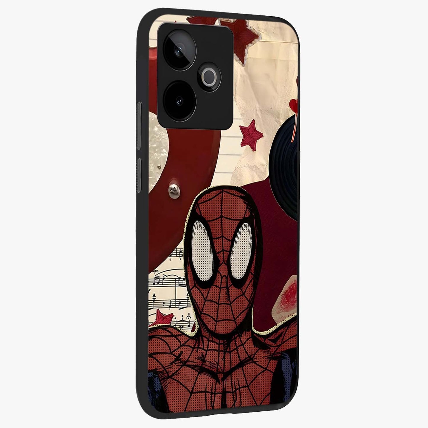 Web Warrior Vibes Glass Case upright view showcasing energetic superhero artwork with bold action theme.