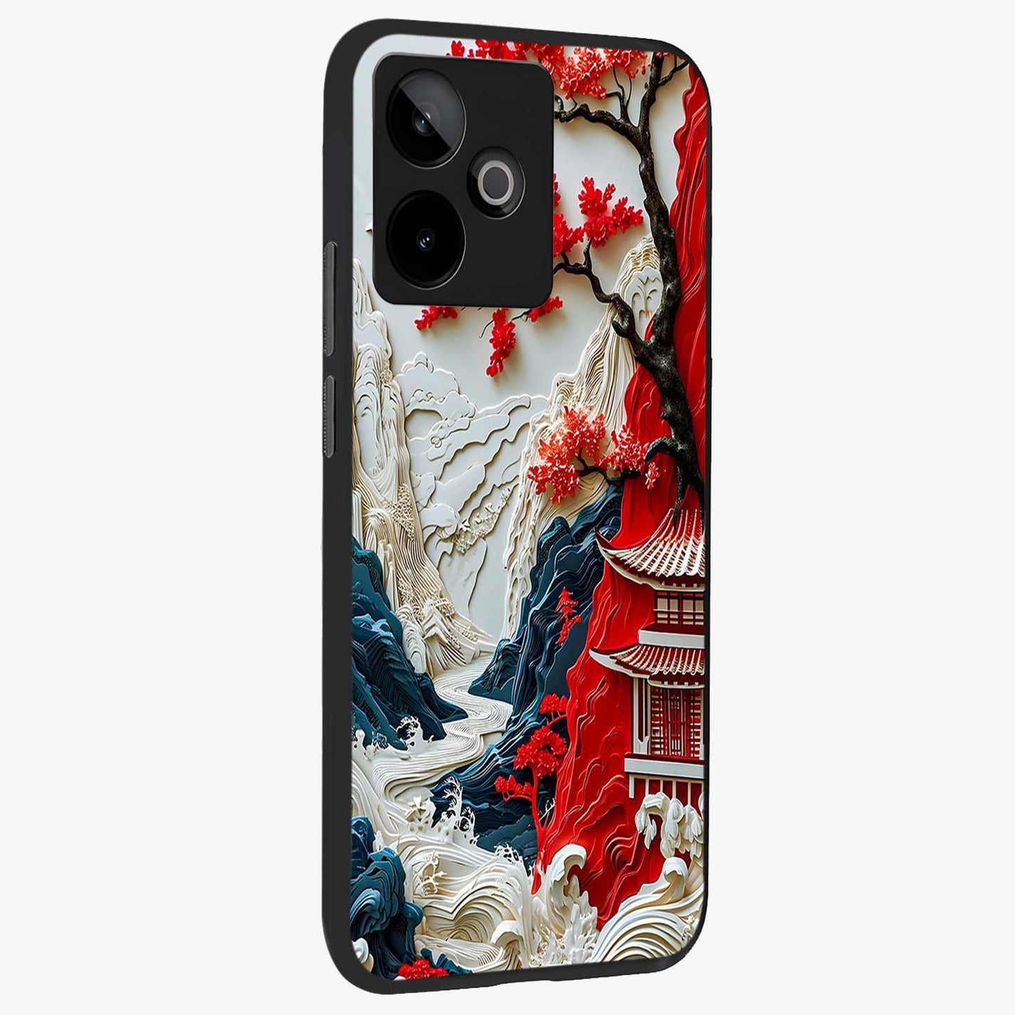 Whispers Of Sakura Waves Glass Case upright view showcasing delicate cherry blossom artwork with elegant nature theme.