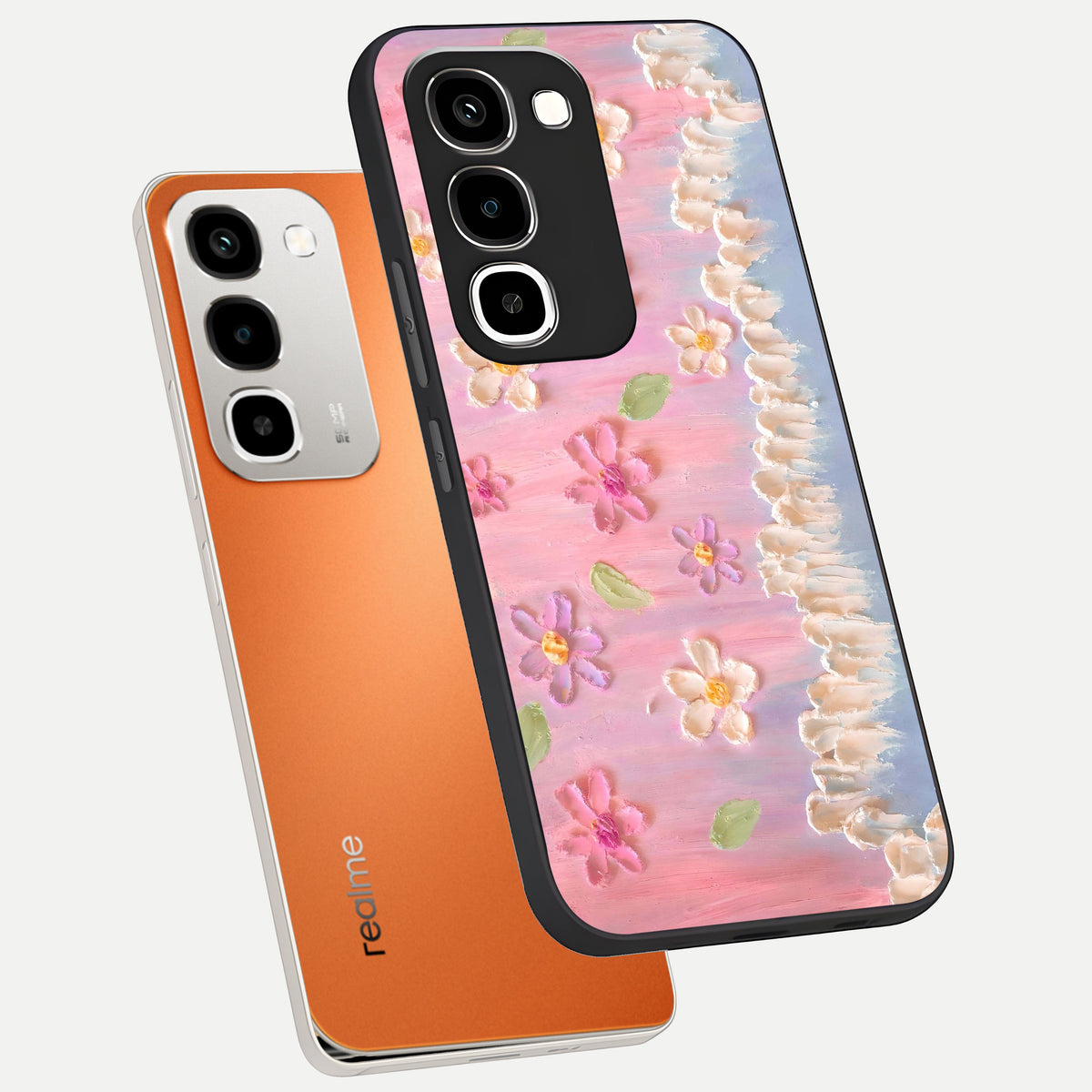 Dreamy Painted Garden Glass Case displayed in angled mockup highlighting colorful garden illustration with dreamy aesthetic style.
