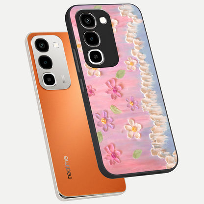 Dreamy Painted Garden Glass Case displayed in angled mockup highlighting colorful garden illustration with dreamy aesthetic style.