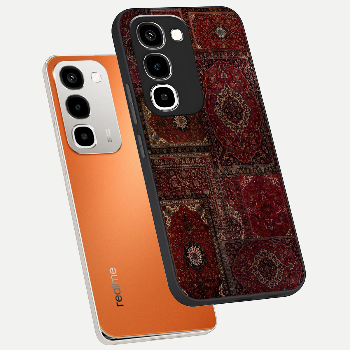 Persian Velvet Tale Glass Case displayed in angled mockup highlighting ornate textile inspired design with royal aesthetic.