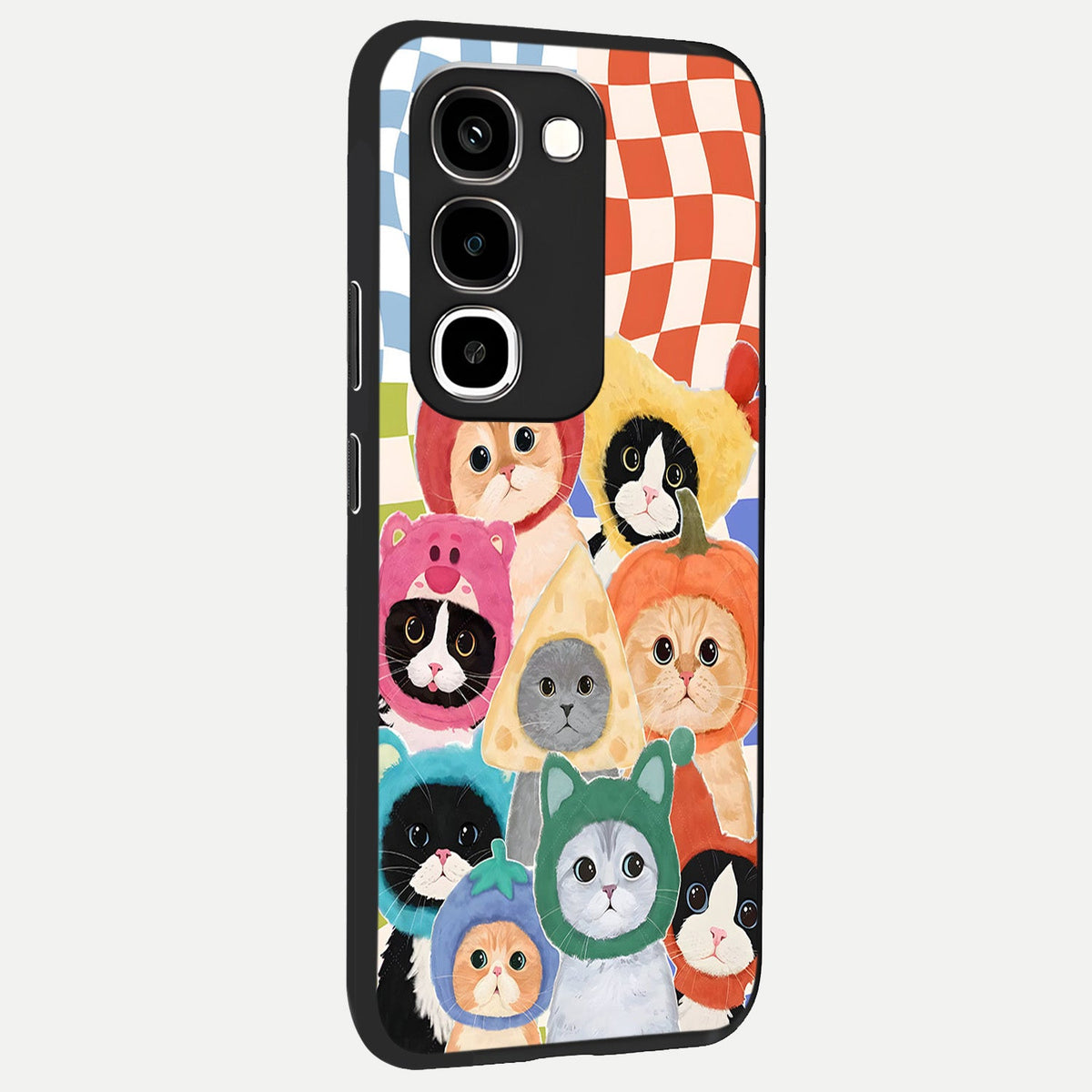Cats in Fruits Glass Case upright view showcasing charming cat artwork with fun fruity theme.