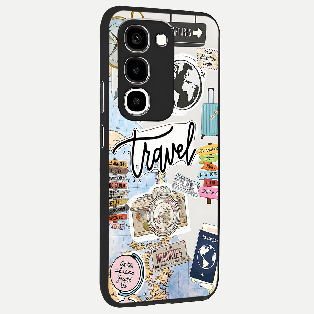 Wanderlust Journal Glass Case upright view showcasing wanderlust inspired artwork with creative exploration theme.