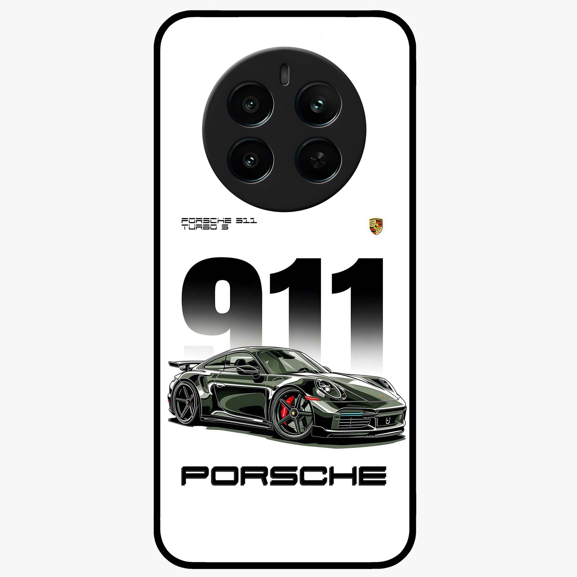 911 Turbo Dominance Glass Case showing clean flat back view with bold 911 sports car artwork and glossy glass finish.