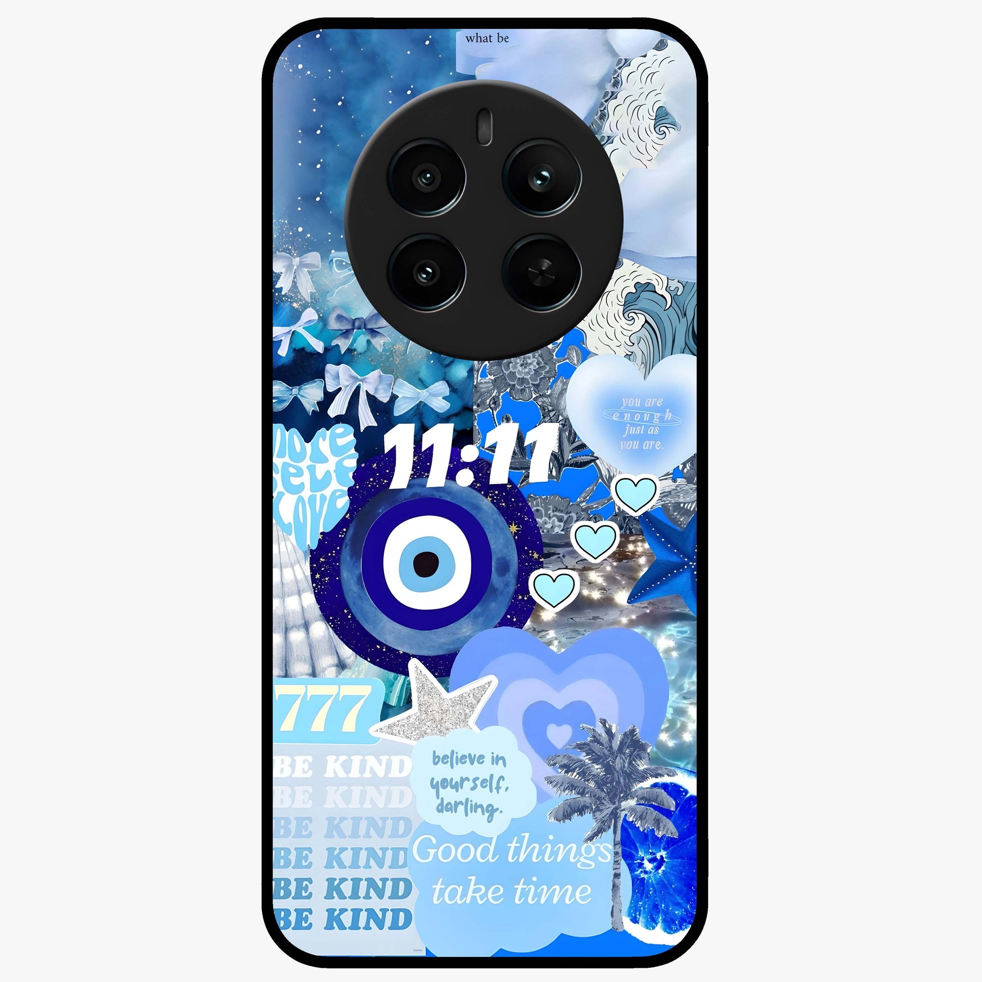 Aesthetic Be Kind Eye Glass Case showing flat back view with motivational eye artwork and glossy glass finish.