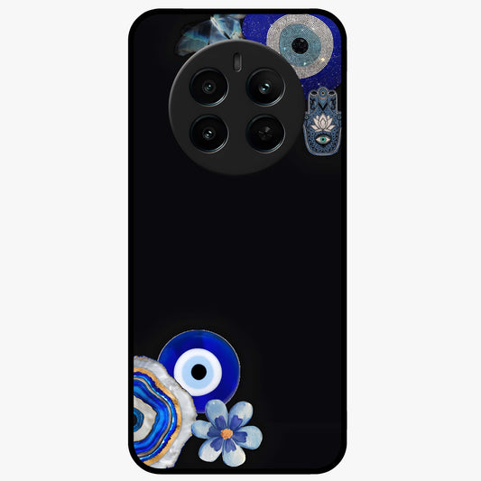 Aesthetic Blue Evil Eye Glass Case showing flat back view with protective evil eye artwork and glossy glass finish.