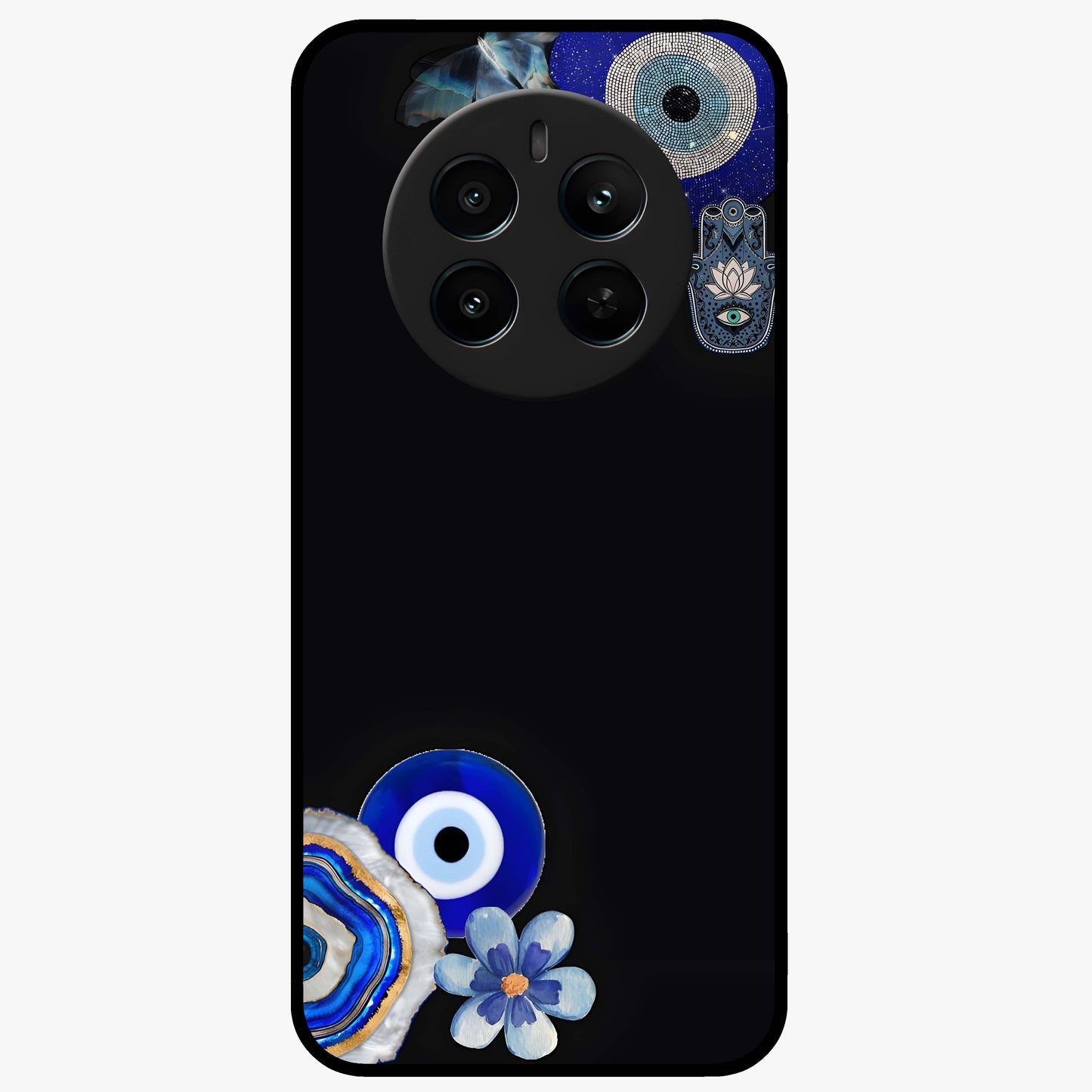 Aesthetic Blue Evil Eye Glass Case showing flat back view with protective evil eye artwork and glossy glass finish.