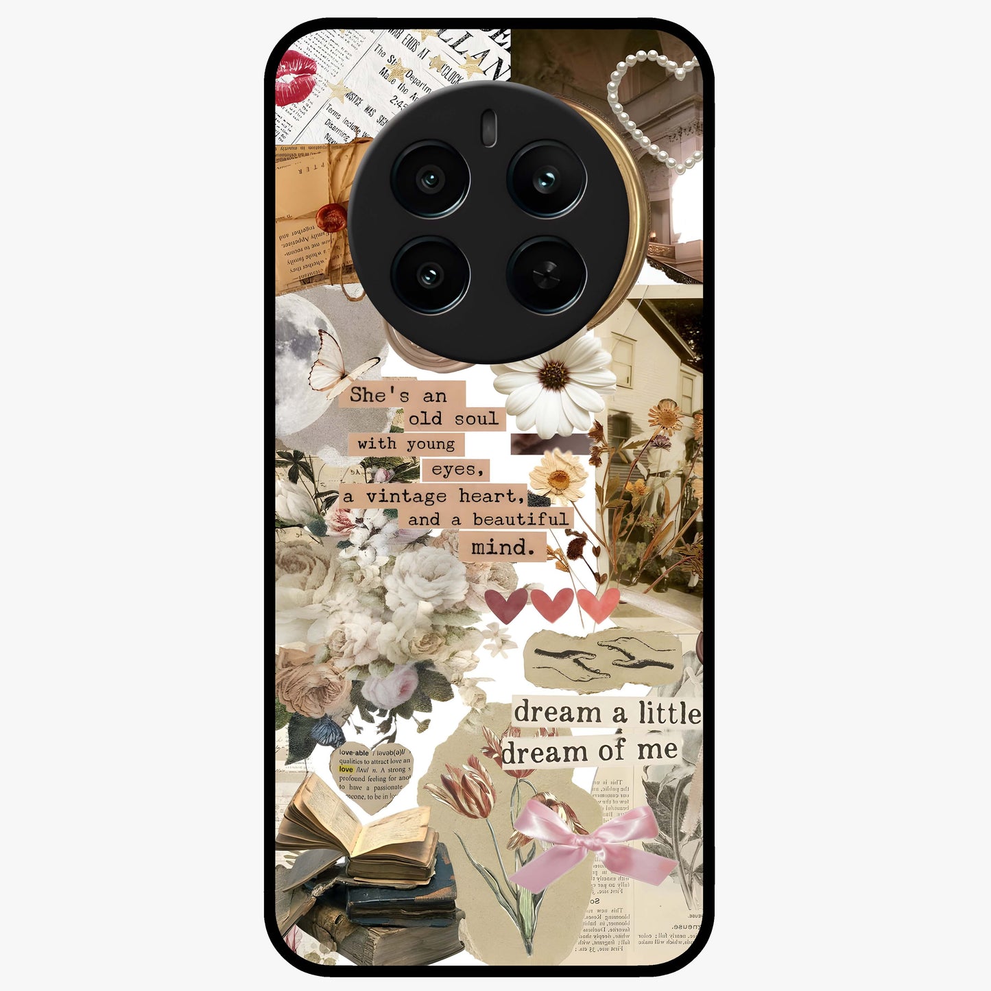 Aesthetic Brown Vintage Collage Glass Case showing flat back view with retro collage artwork and glossy glass finish.