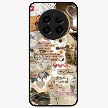 Aesthetic Brown Vintage Collage Glass Case showing flat back view with retro collage artwork and glossy glass finish.