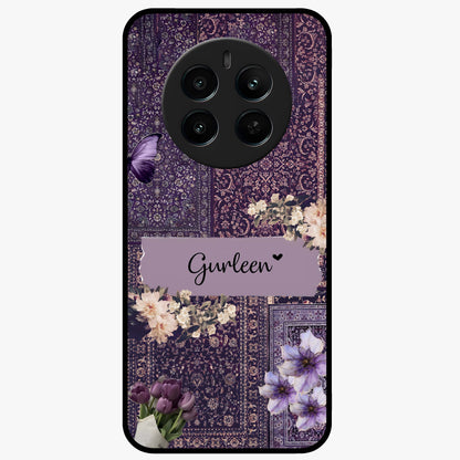 Antique Floral Whisper Custom Name Glass Case showing flat back view with vintage floral artwork and personalized name design.