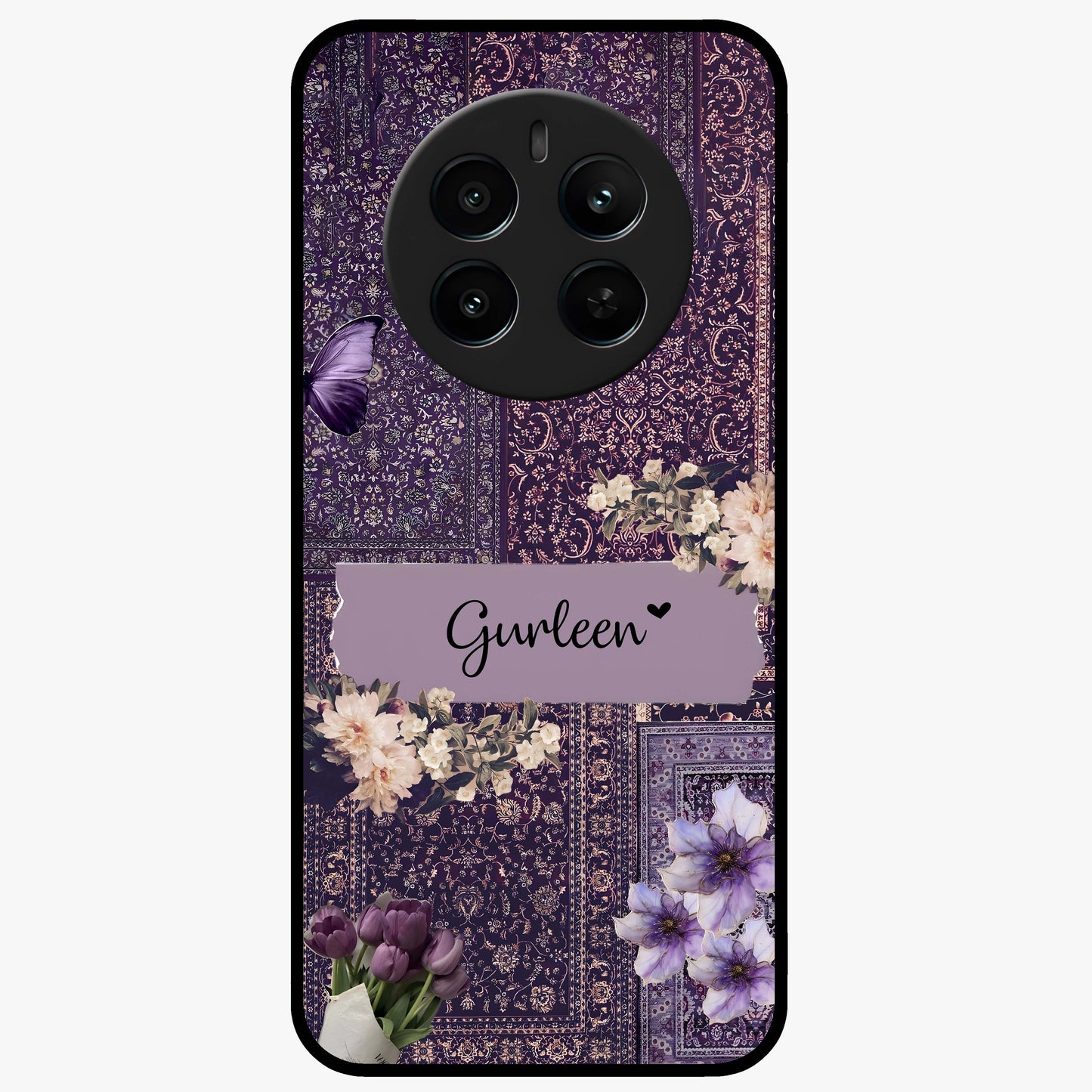 Antique Floral Whisper Custom Name Glass Case showing flat back view with vintage floral artwork and personalized name design.
