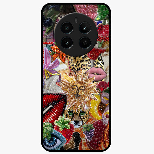 Beaded Fashion Jungle Glass Case showing flat back view with vibrant jungle inspired bead artwork and glossy glass finish.