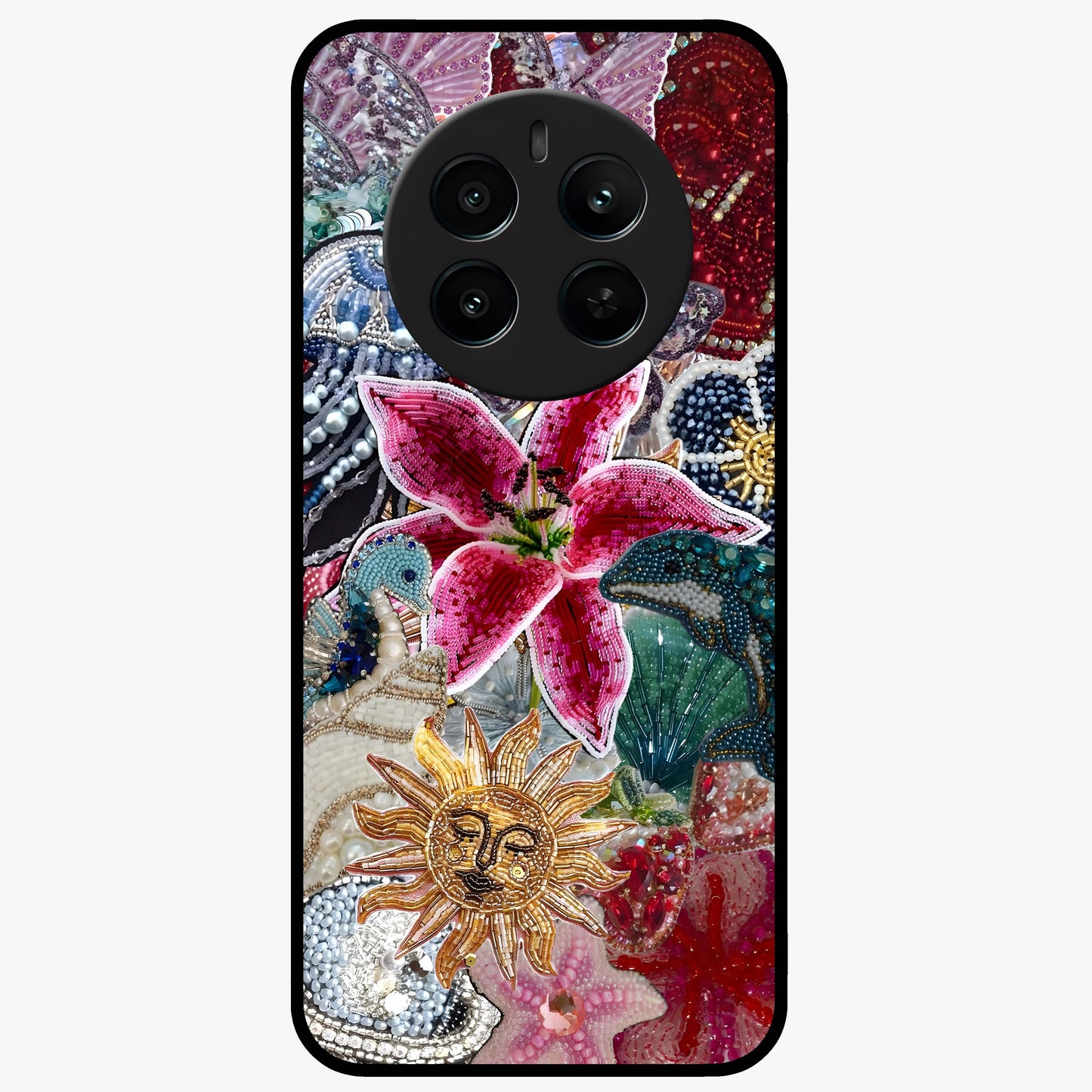 Beaded Garden Fantasy Glass Case showing flat back view with dreamy garden bead artwork and glossy glass finish.
