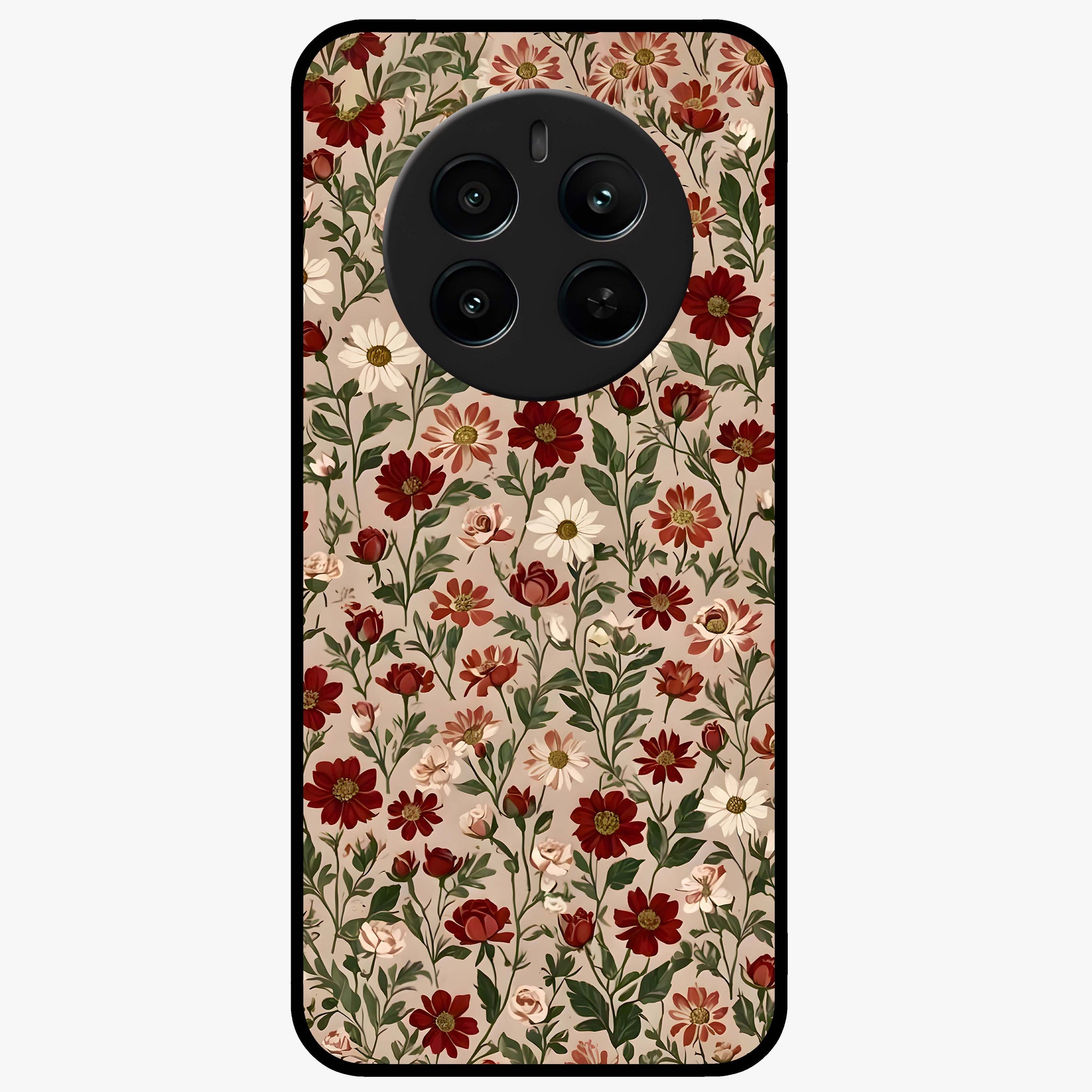Biege Flower With Leaf Glass Case showing flat back view with soft beige floral artwork and glossy glass finish.