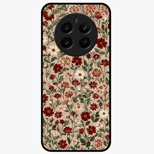 Biege Flower With Leaf Glass Case showing flat back view with soft beige floral artwork and glossy glass finish.