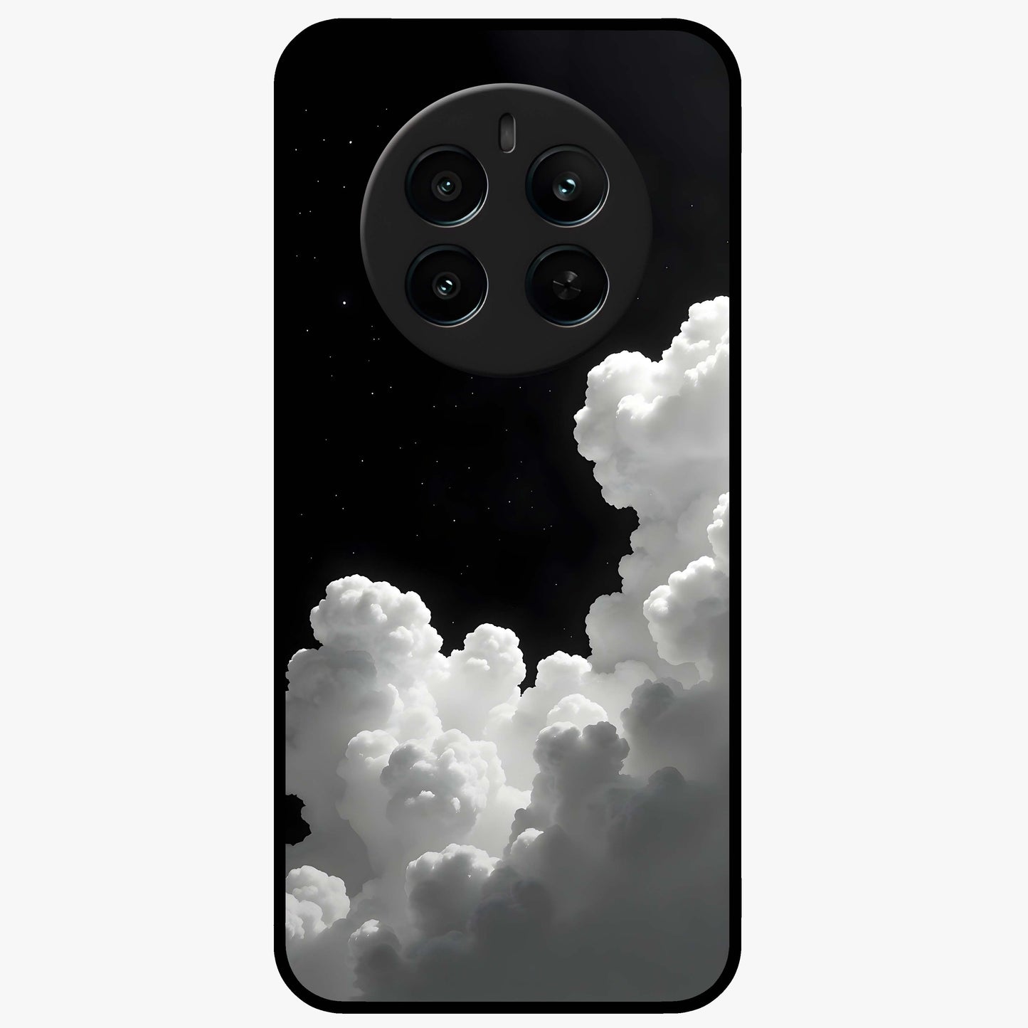 Black Background With White Cloud Glass Case showing flat back view with minimal cloud artwork on dark background and glossy glass finish.