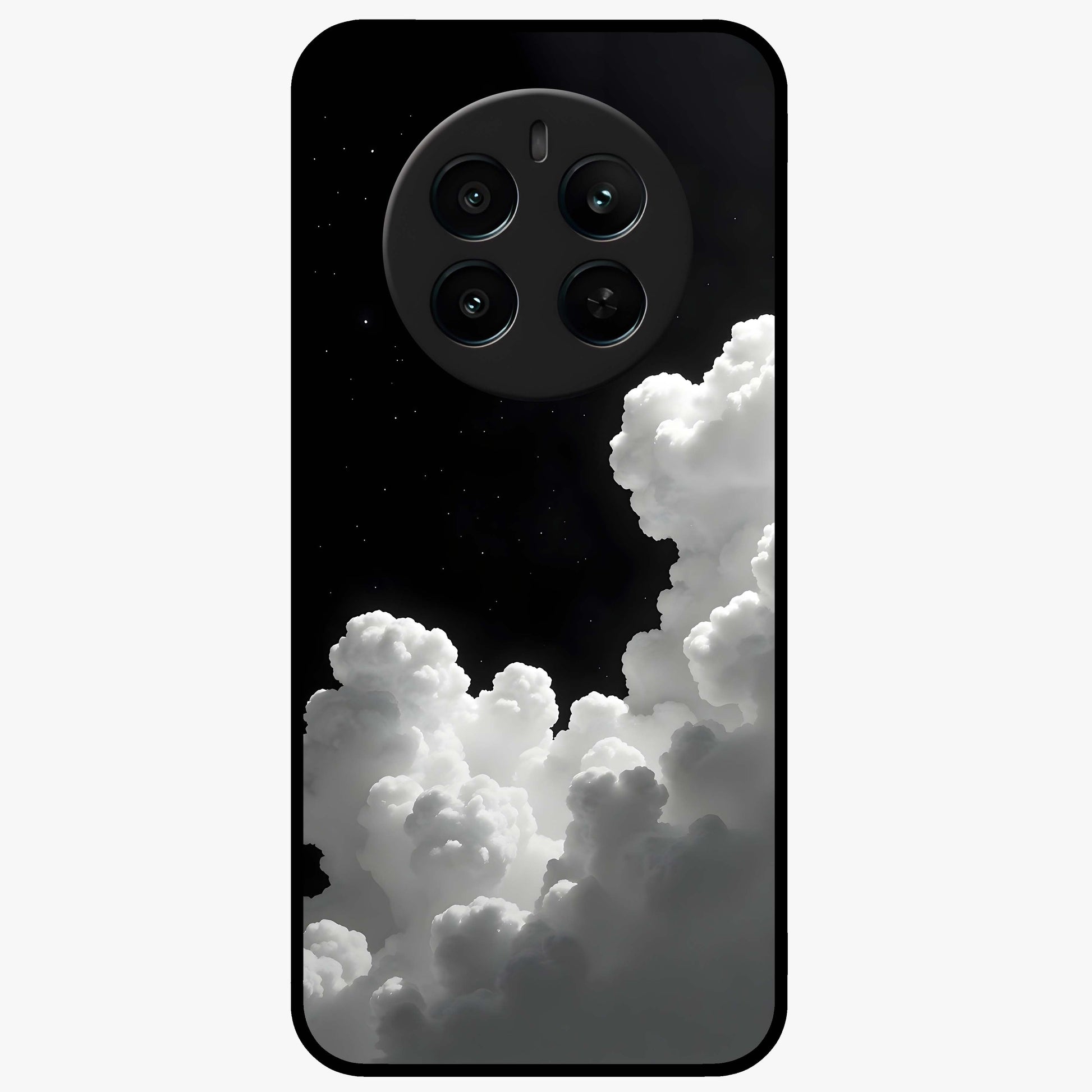 Black Background With White Cloud Glass Case showing flat back view with minimal cloud artwork on dark background and glossy glass finish.