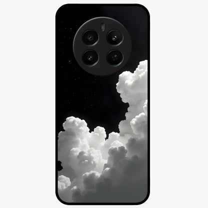 Black Background With White Cloud Glass Case showing flat back view with minimal cloud artwork on dark background and glossy glass finish.