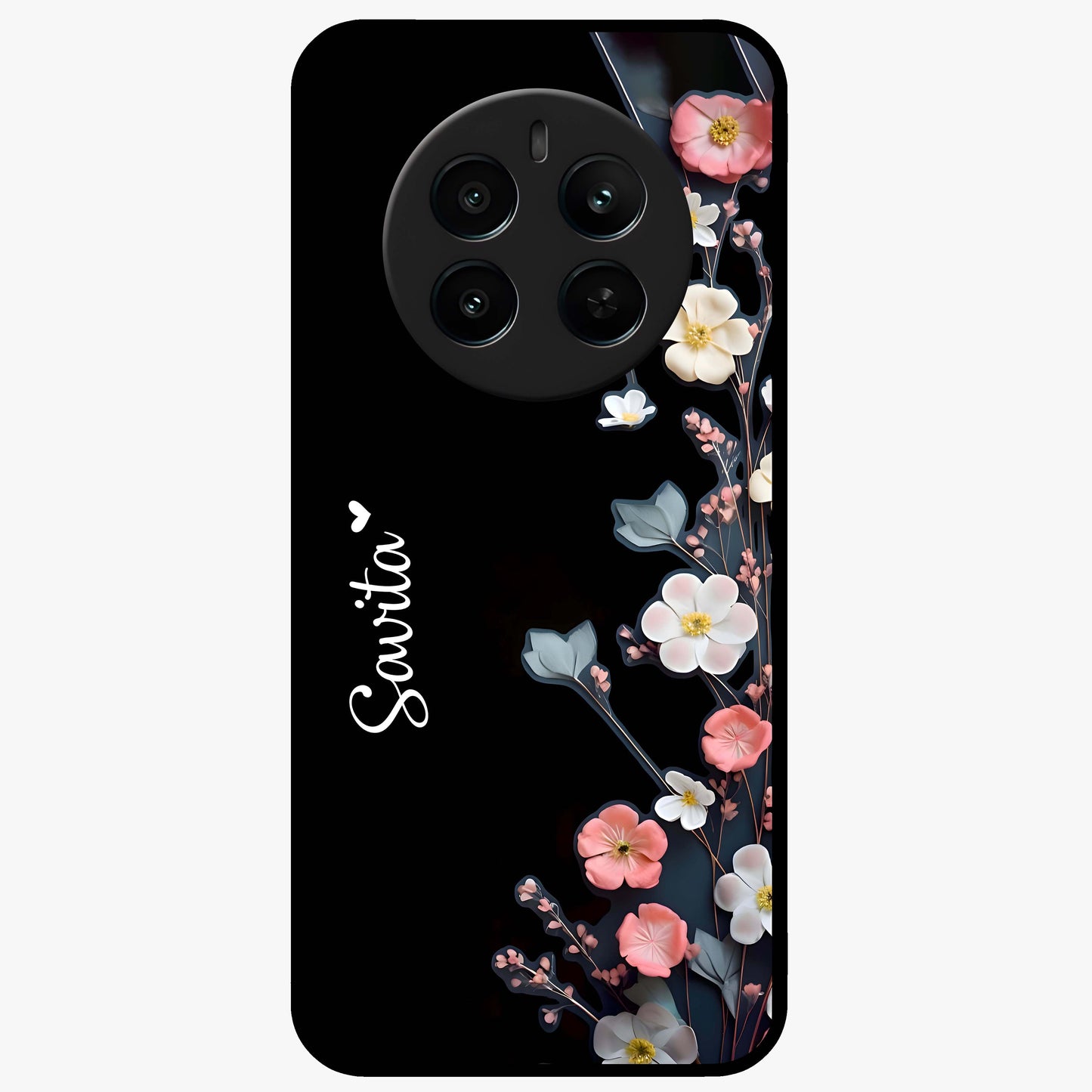 Black Elegance Floral Custom Name Glass Case showing flat back view with elegant floral artwork and personalized name design.