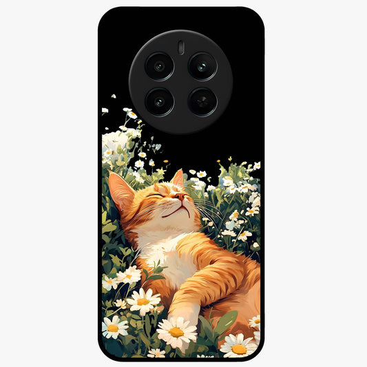 Blissful Bloom Cat Glass Case showing flat back view with cute cat and floral bloom artwork and glossy glass finish.