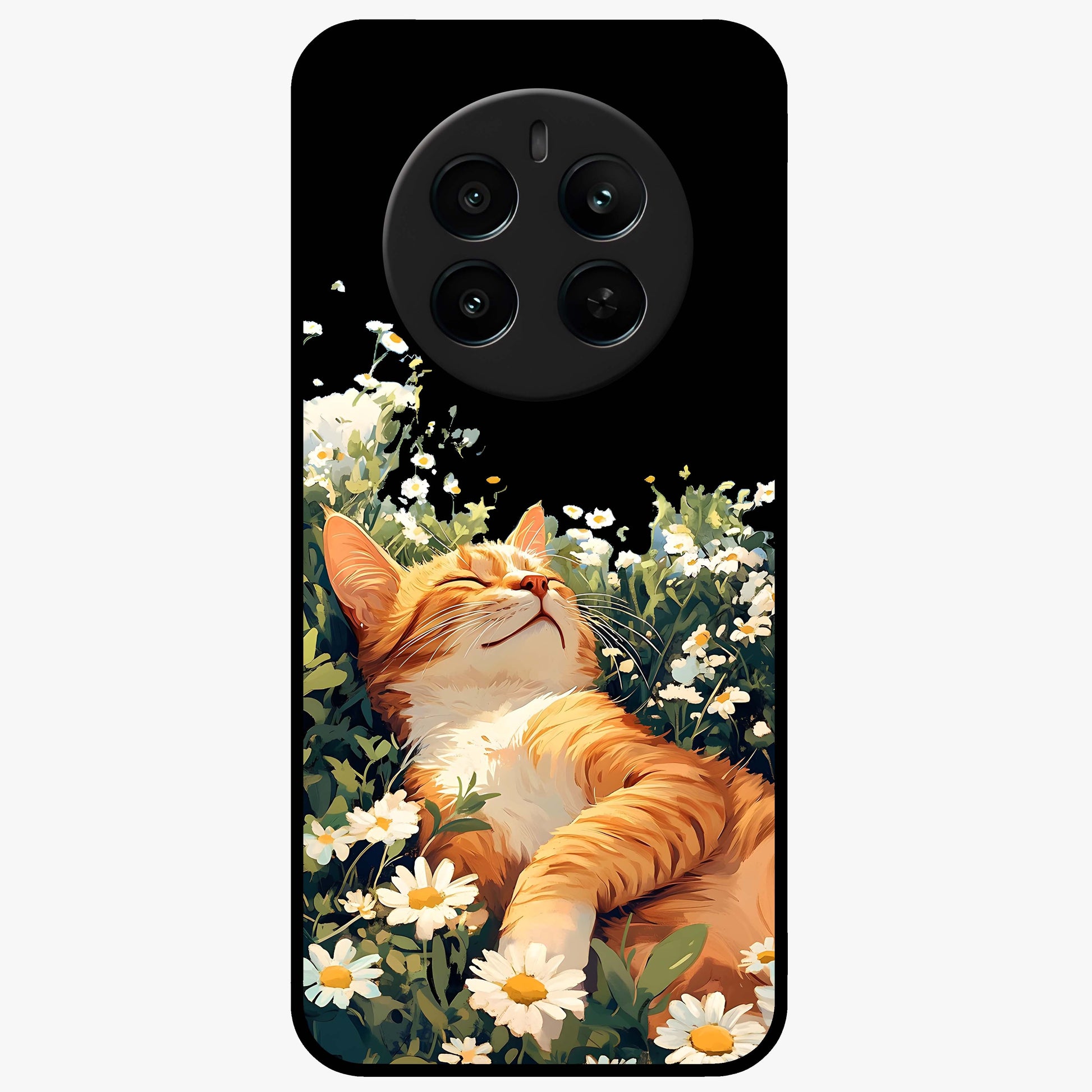 Blissful Bloom Cat Glass Case showing flat back view with cute cat and floral bloom artwork and glossy glass finish.