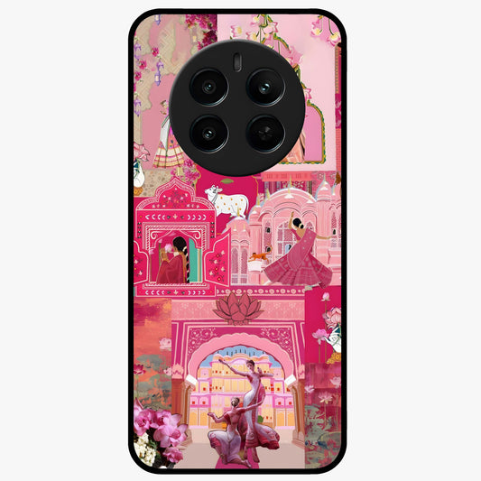 Blossoms of Rajasthan Glass Case showing flat back view with traditional floral artwork inspired by Rajasthan and glossy glass finish.