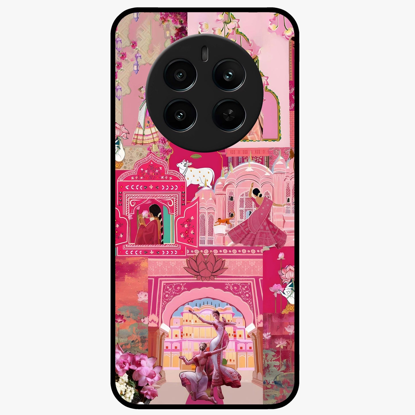 Blossoms of Rajasthan Glass Case showing flat back view with traditional floral artwork inspired by Rajasthan and glossy glass finish.