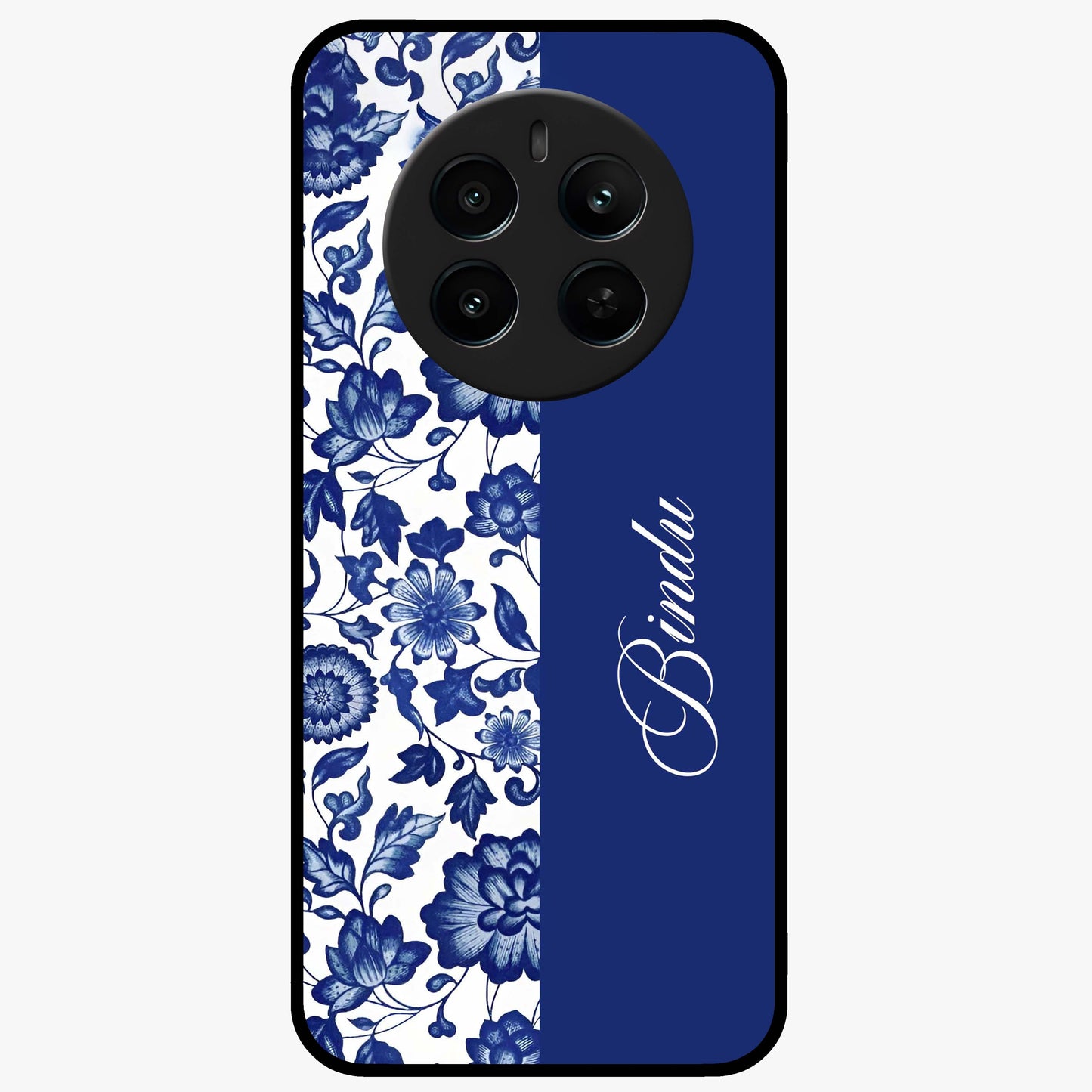 Blue Vintage Floral Pattern Glass Case upright view showcasing timeless floral illustration with vintage inspired style.