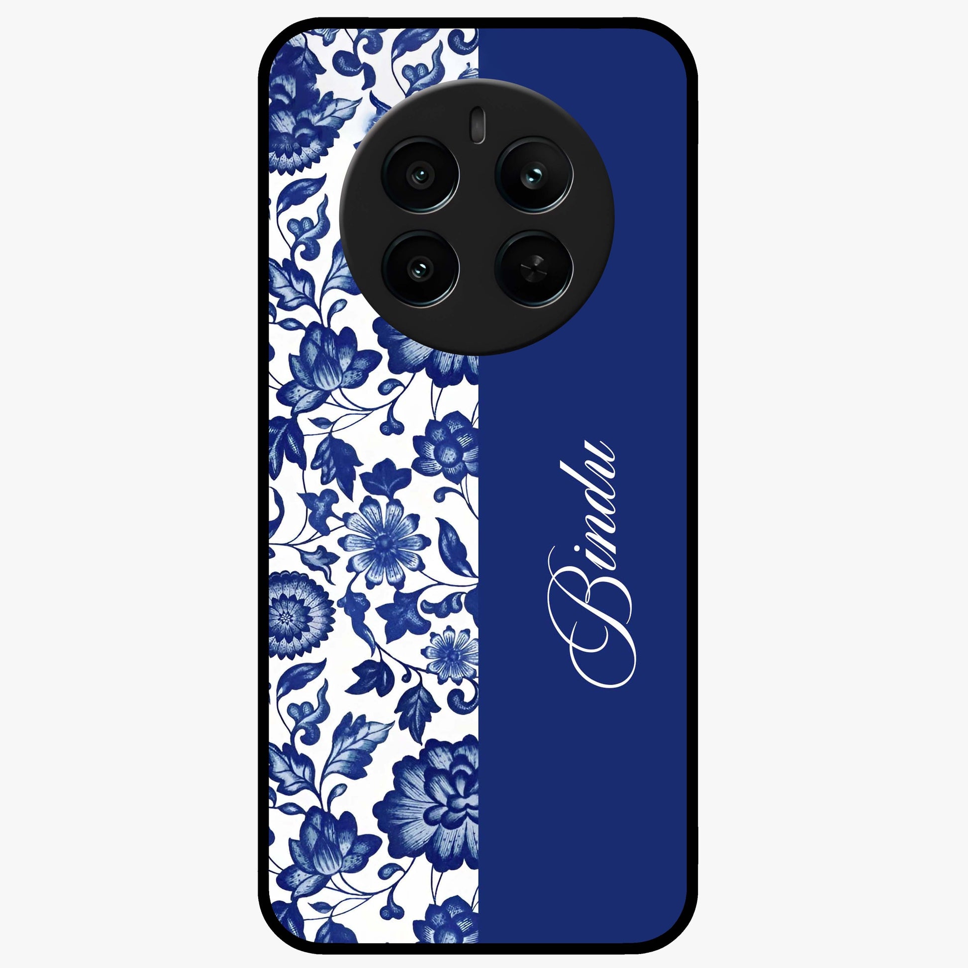 Blue Vintage Floral Pattern Glass Case upright view showcasing timeless floral illustration with vintage inspired style.