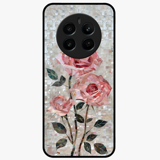 Blush Mosaic Bloom Glass Case showing flat back view with mosaic floral bloom artwork and glossy glass finish.