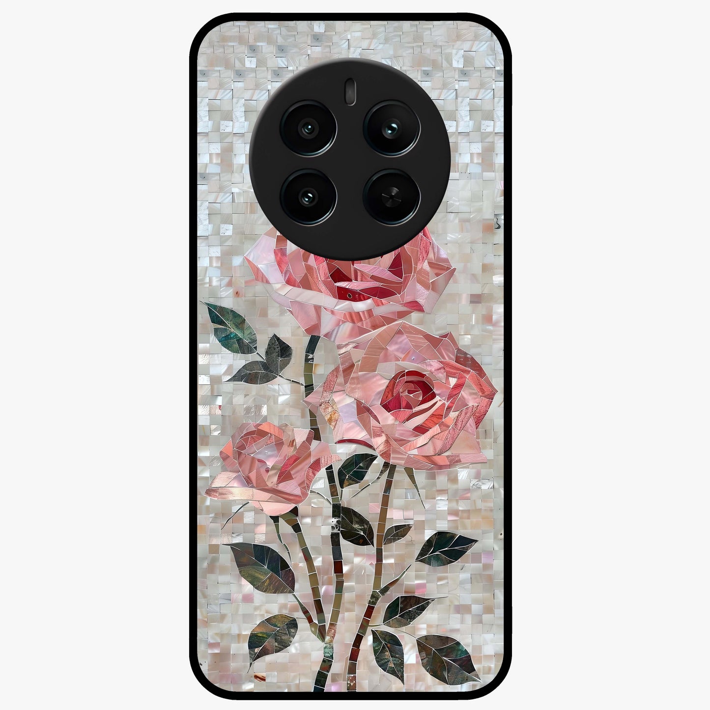 Blush Mosaic Bloom Glass Case showing flat back view with mosaic floral bloom artwork and glossy glass finish.