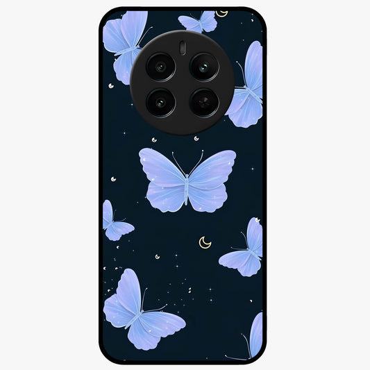 Butterfly With Stars Pattern Glass Case showing flat back view with butterfly and star pattern artwork and glossy glass finish.