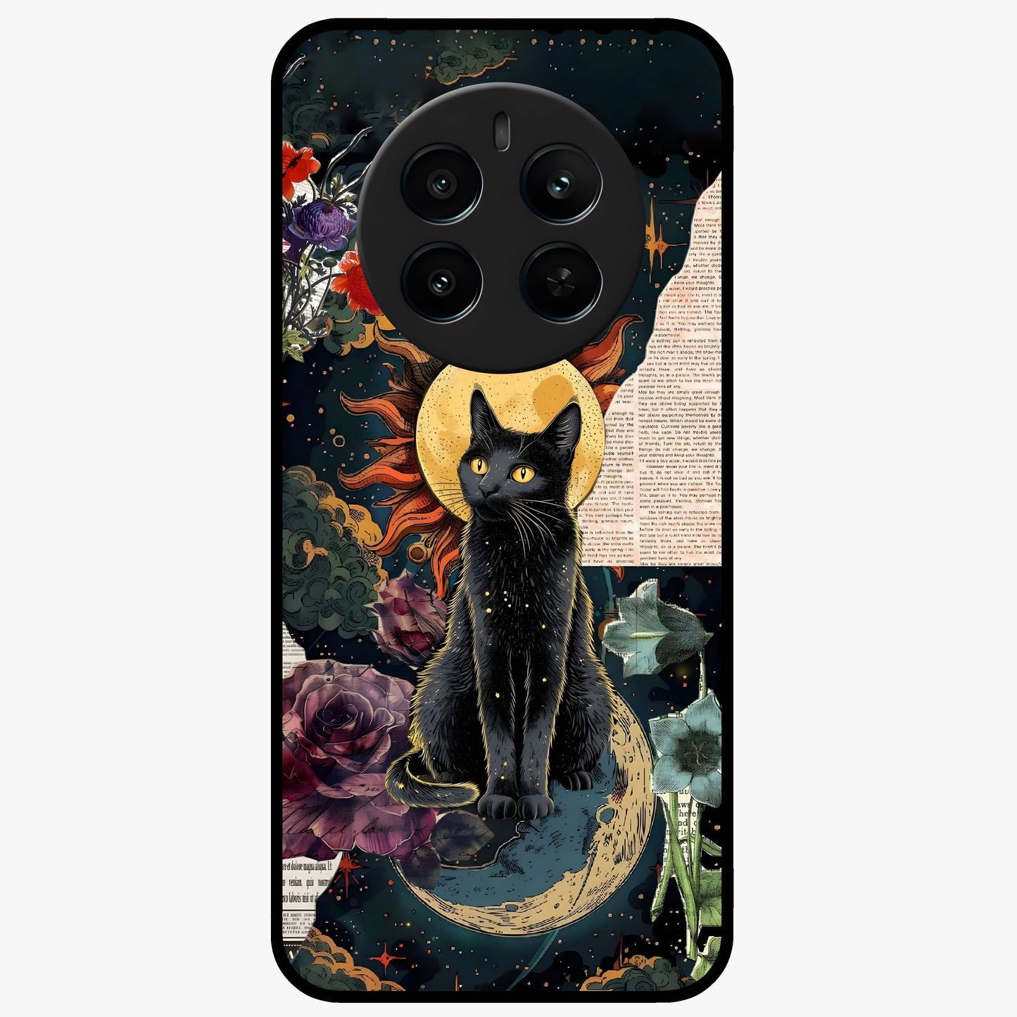 Celestial Black Cat Glass Case showing flat back view with mystical black cat artwork and glossy glass finish.