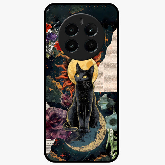 Celestial Black Cat Glass Case showing flat back view with mystical black cat artwork and glossy glass finish.