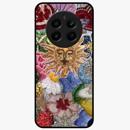 Celestial Floral and Playful Glass Case showing flat back view with floral and celestial themed artwork and glossy glass finish.