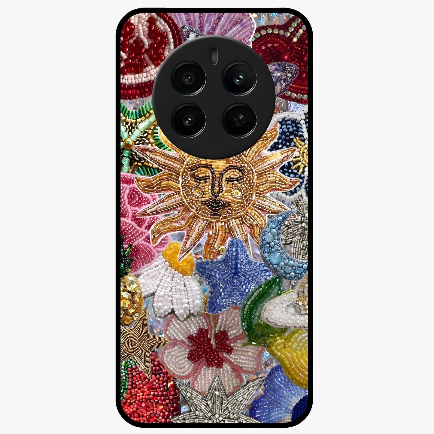 Celestial Floral and Playful Glass Case showing flat back view with floral and celestial themed artwork and glossy glass finish.