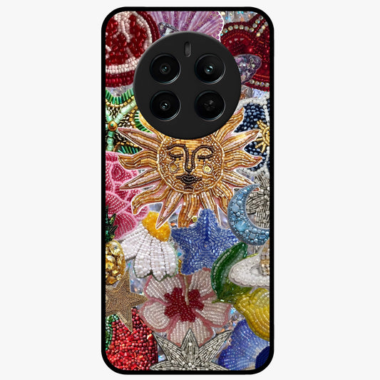 Celestial Floral and Playful Glass Case showing flat back view with floral and celestial themed artwork and glossy glass finish.