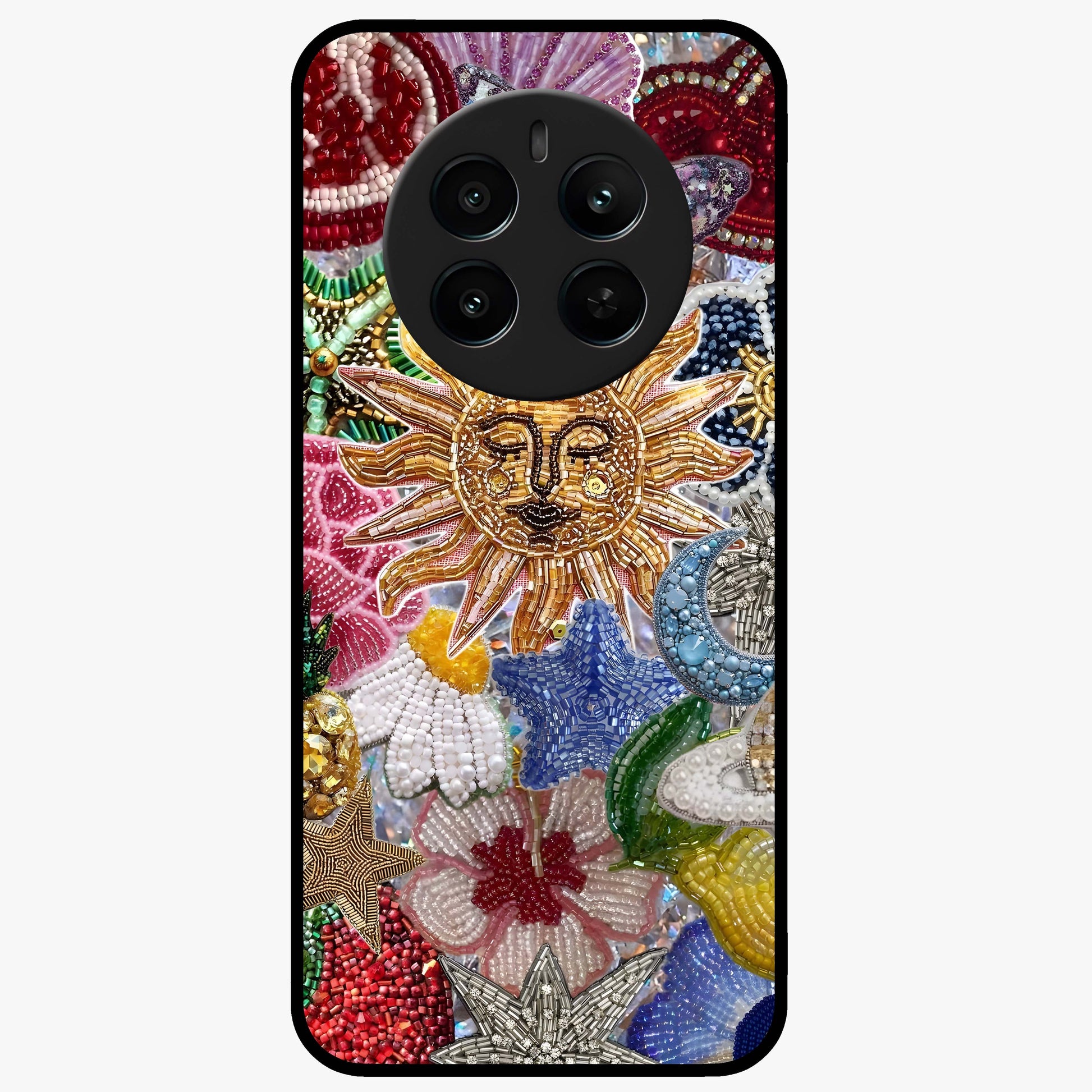 Celestial Floral and Playful Glass Case showing flat back view with floral and celestial themed artwork and glossy glass finish.
