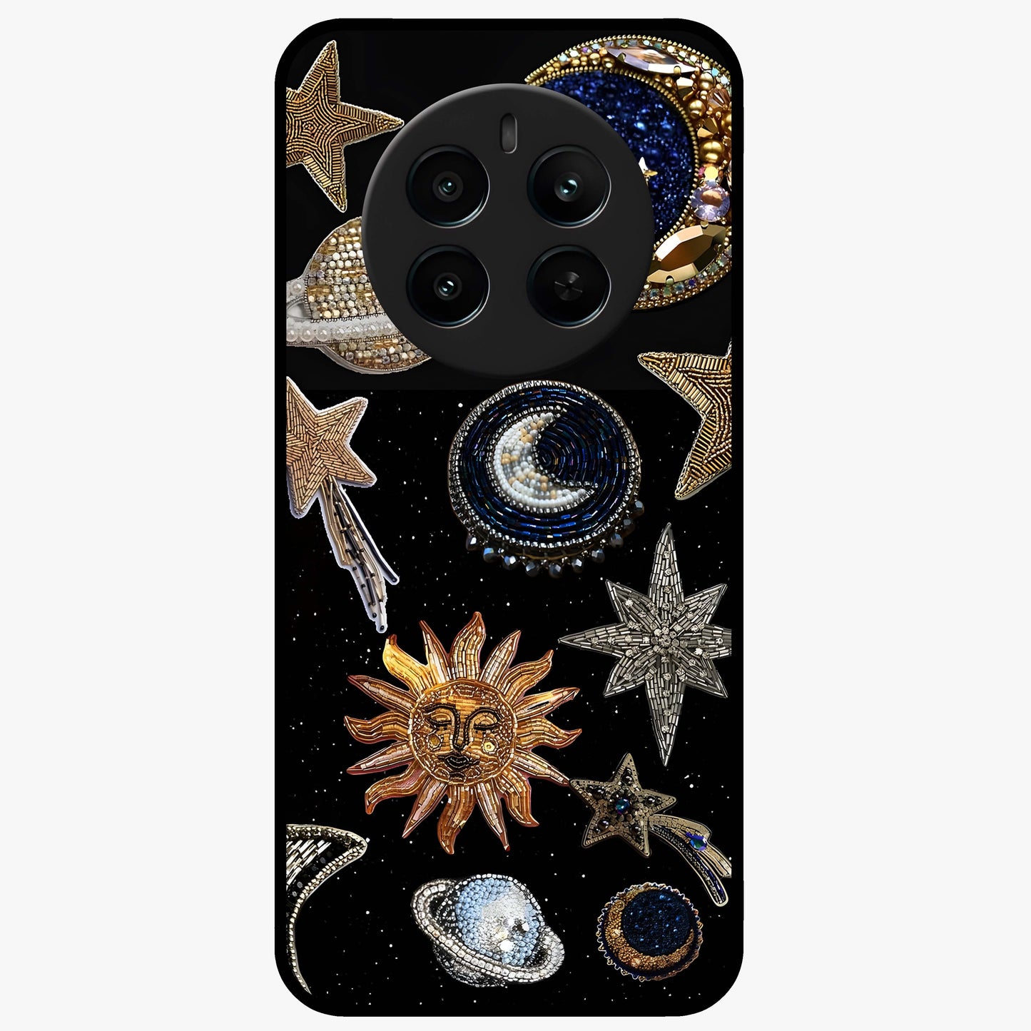 Celestial Gem Constellations Glass Case showing flat back view with sparkling constellation artwork and glossy glass finish.