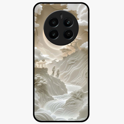 Celestial Origami Glass Case showing flat back view with artistic origami inspired celestial artwork and glossy glass finish.