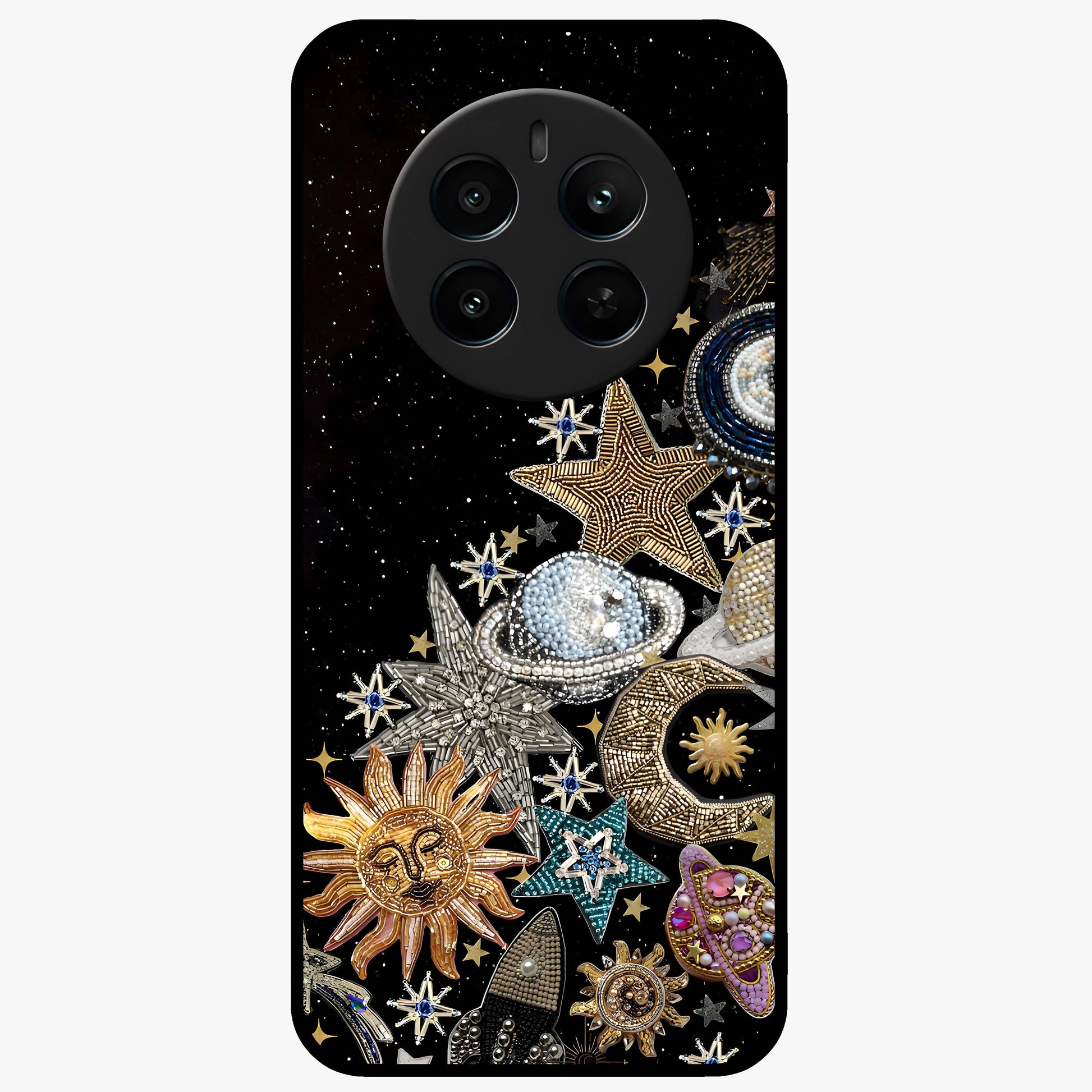 Cosmic Sparkle Dreams Glass Case showing flat back view with sparkling cosmic artwork and glossy glass finish.
