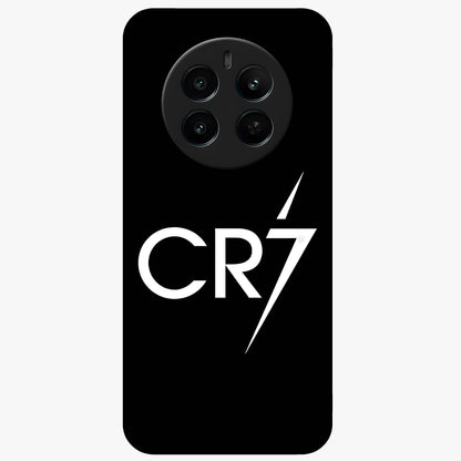 Cr7 Elite Strike Glass Case showing flat back view with dynamic football inspired artwork and glossy glass finish.
