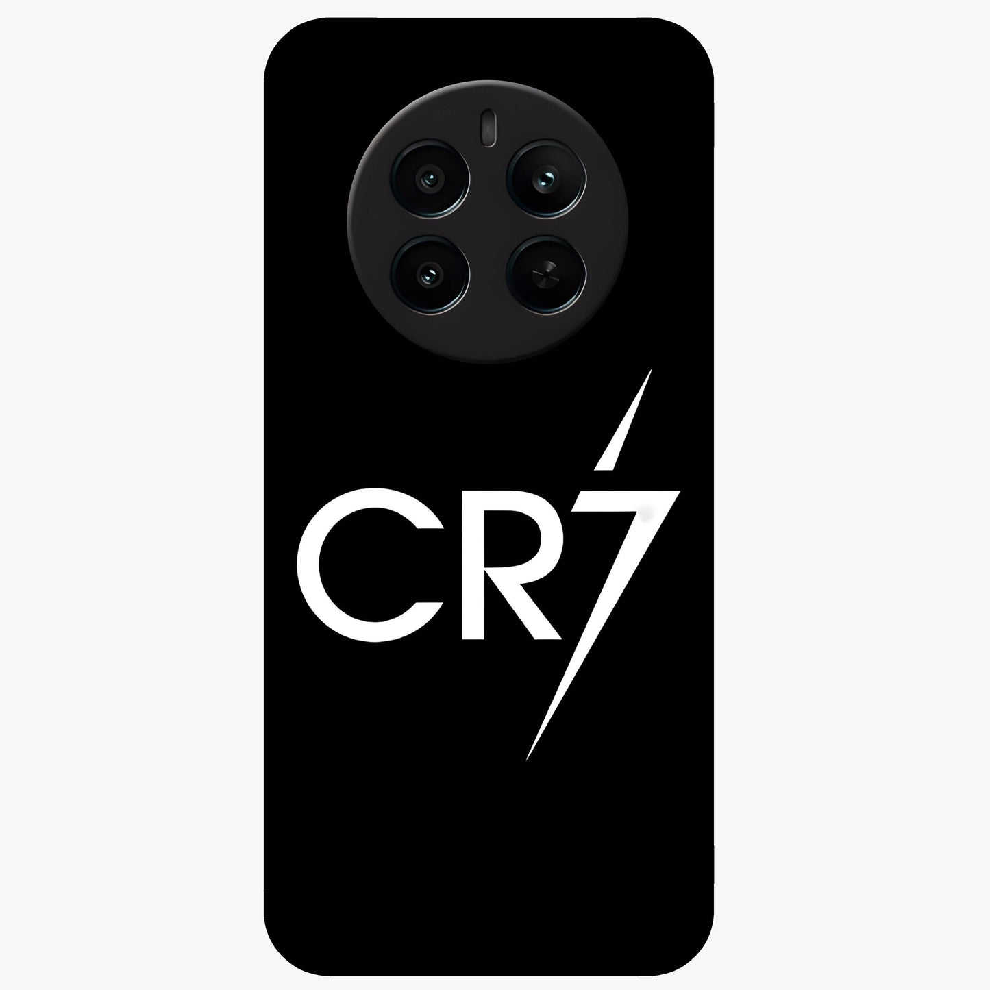 Cr7 Elite Strike Glass Case showing flat back view with dynamic football inspired artwork and glossy glass finish.