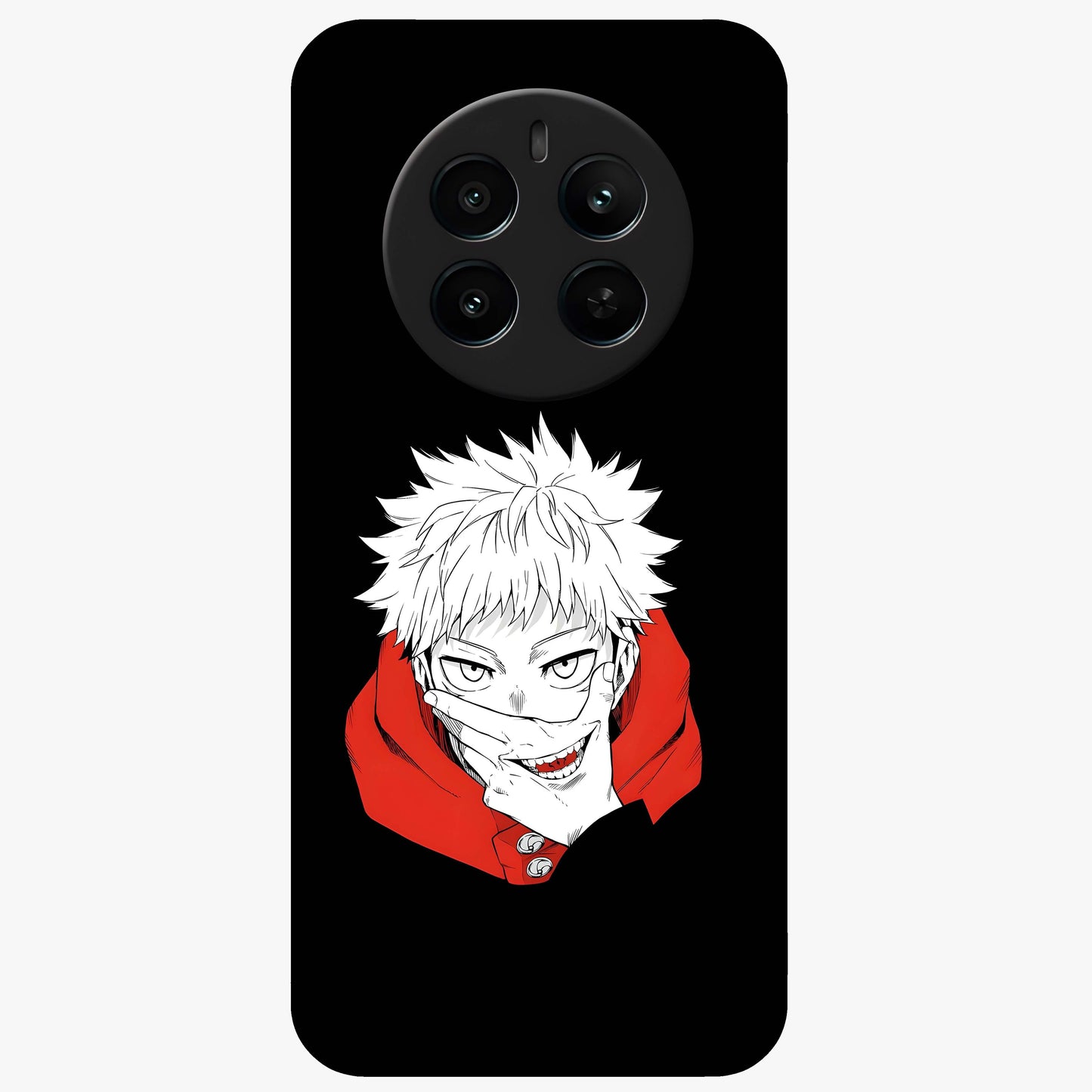 Crimson Chaos Smile Glass Case showing flat back view with bold chaotic smile artwork and glossy glass finish.